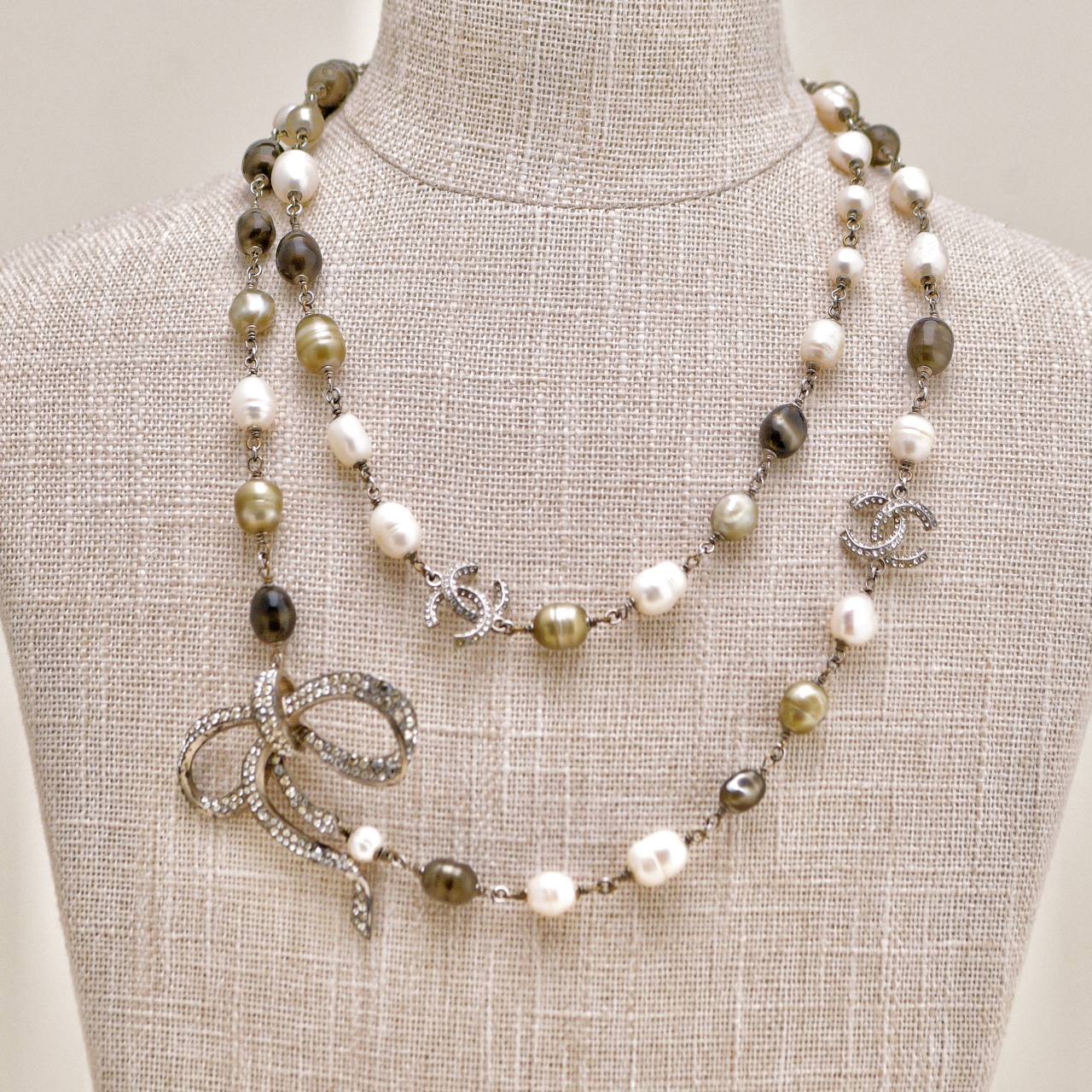 Chanel CC Faux Pearl Crystal Bow Bead Long Necklace