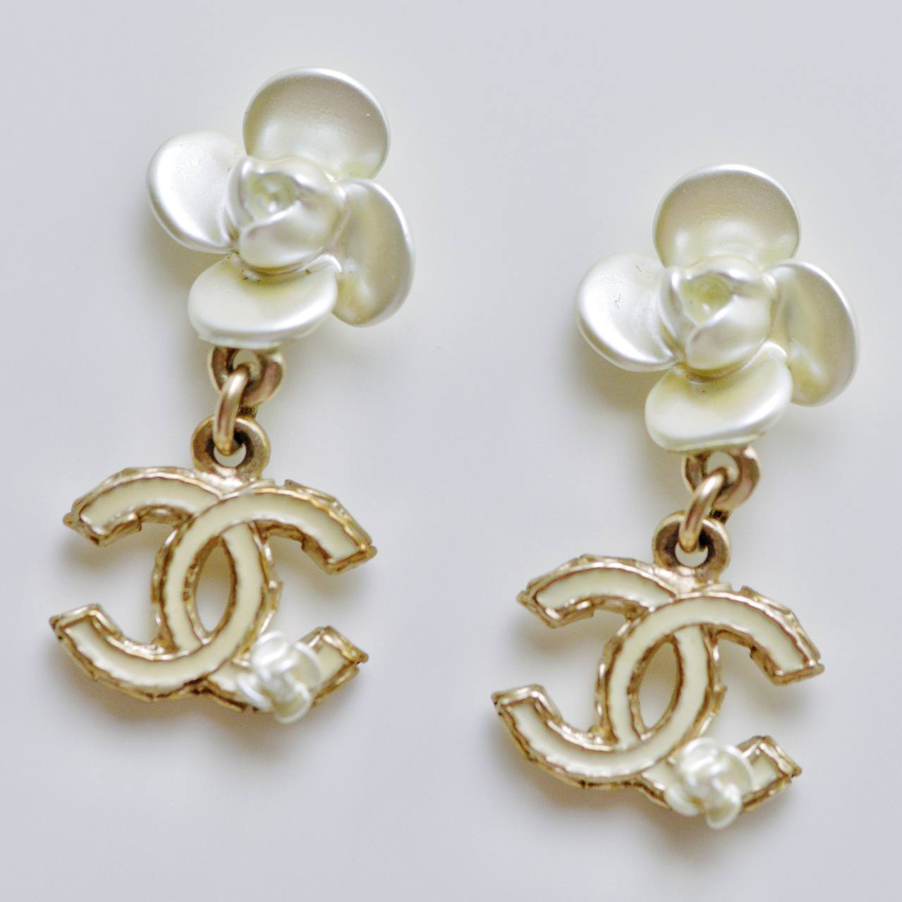 Chanel CC Camellia Enamel Dangle Earrings
