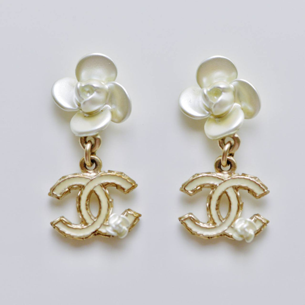 Chanel CC Camellia Enamel Dangle Earrings