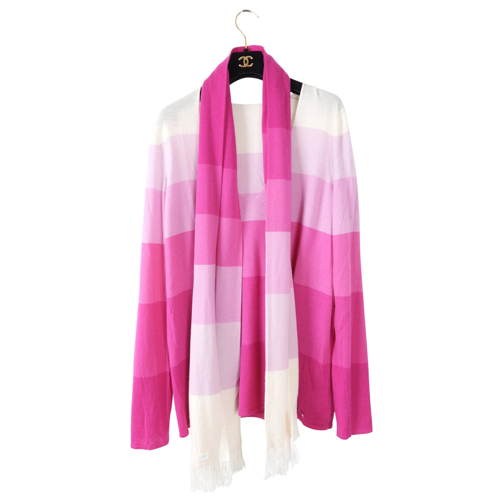 Chanel 05C Pink Cashmere Striped V Neck Sweater and Scarf Set