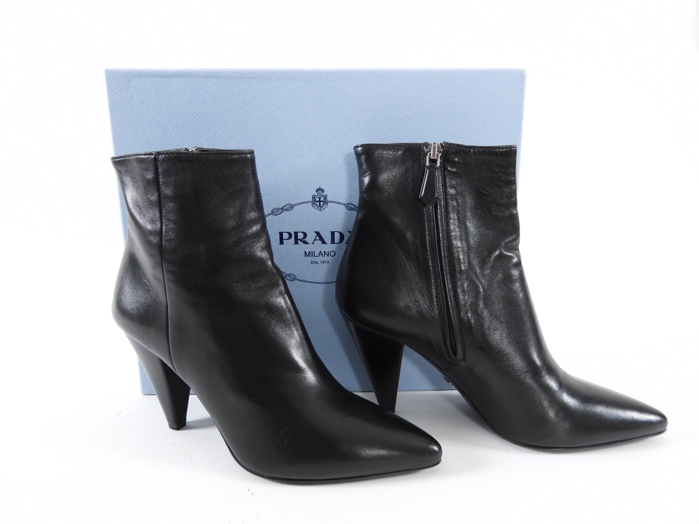 Prada Black Leather Heeled Ankle Boots - 36.5