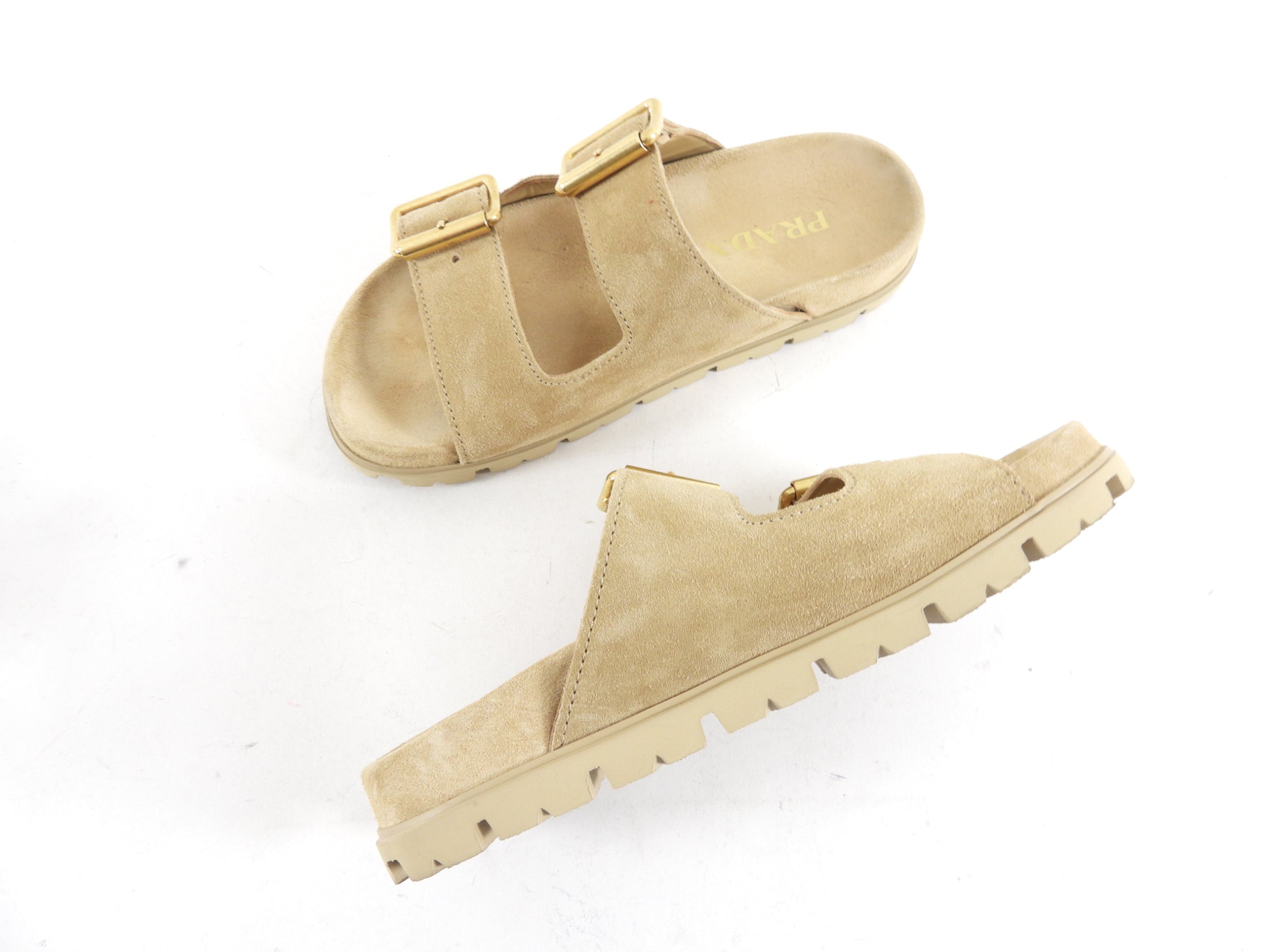Prada Double Buckle Beige Suede Flat Slide Sandals - 36.5 (fits like 37)
