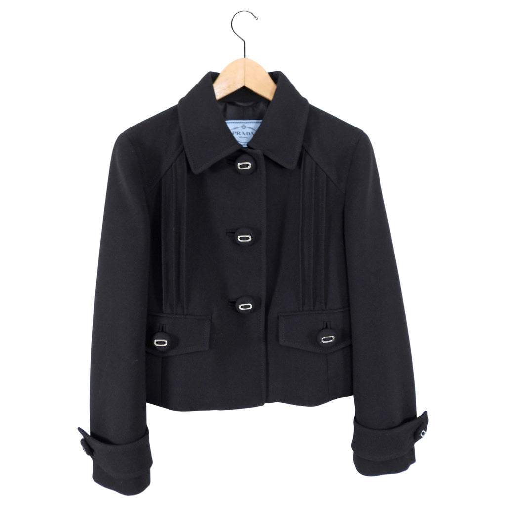 Prada Black Wool Crop Jacket with Button Detail - IT42 / 6