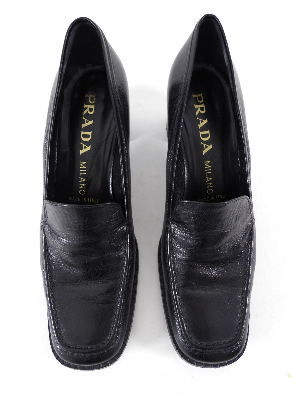 Prada Black Glossed Leather Block Heel Loafers - 39.5