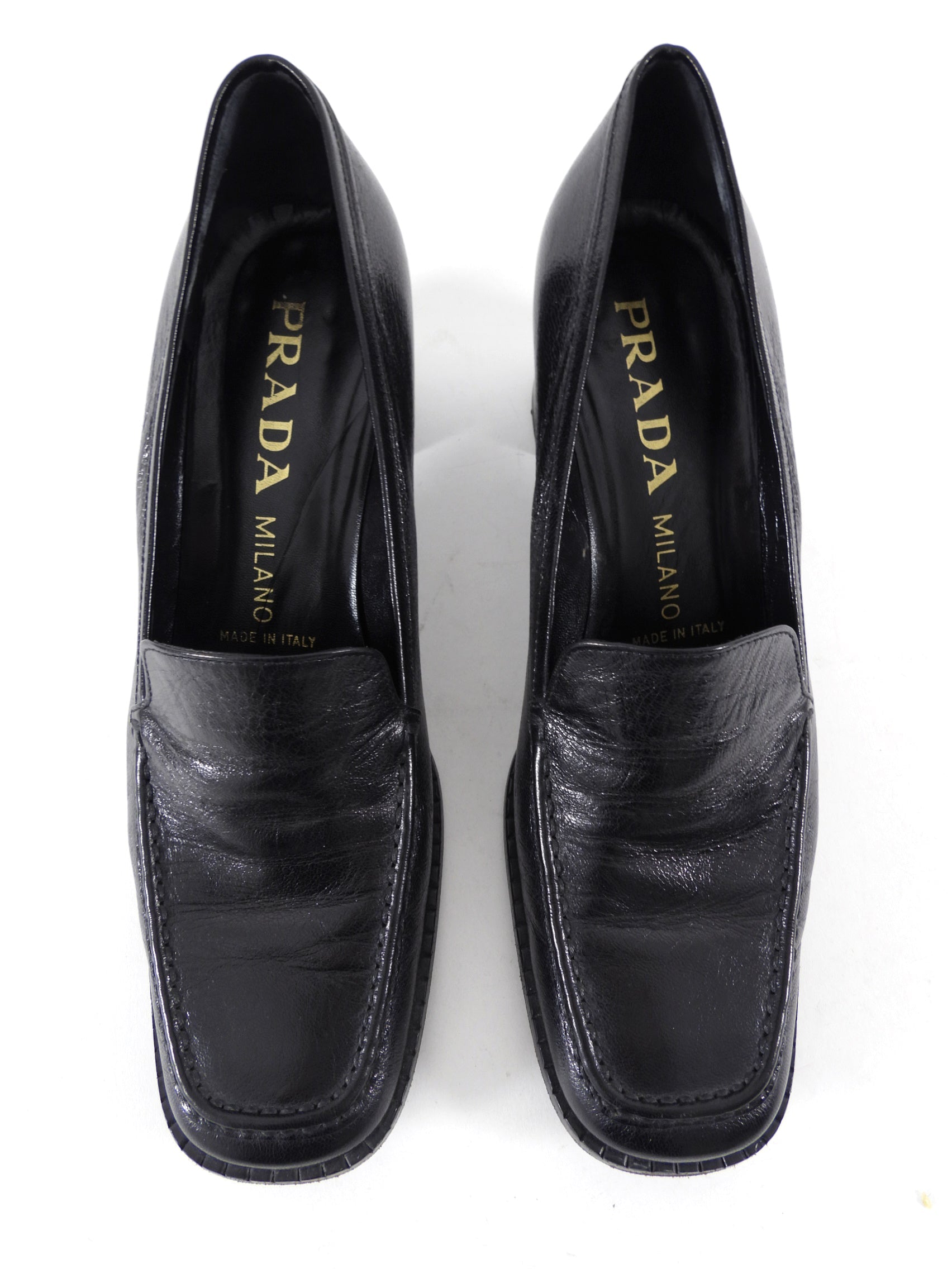 Prada Black Glossed Leather Block Heel Loafers - 39.5