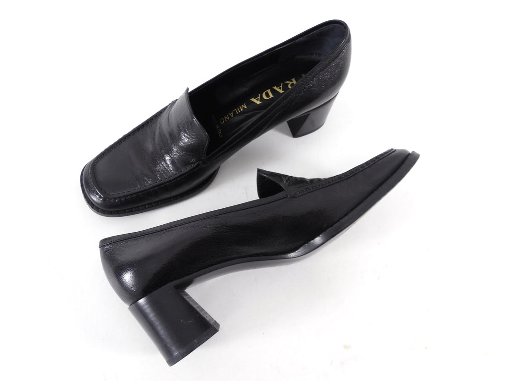 Prada Black Glossed Leather Block Heel Loafers - 39.5