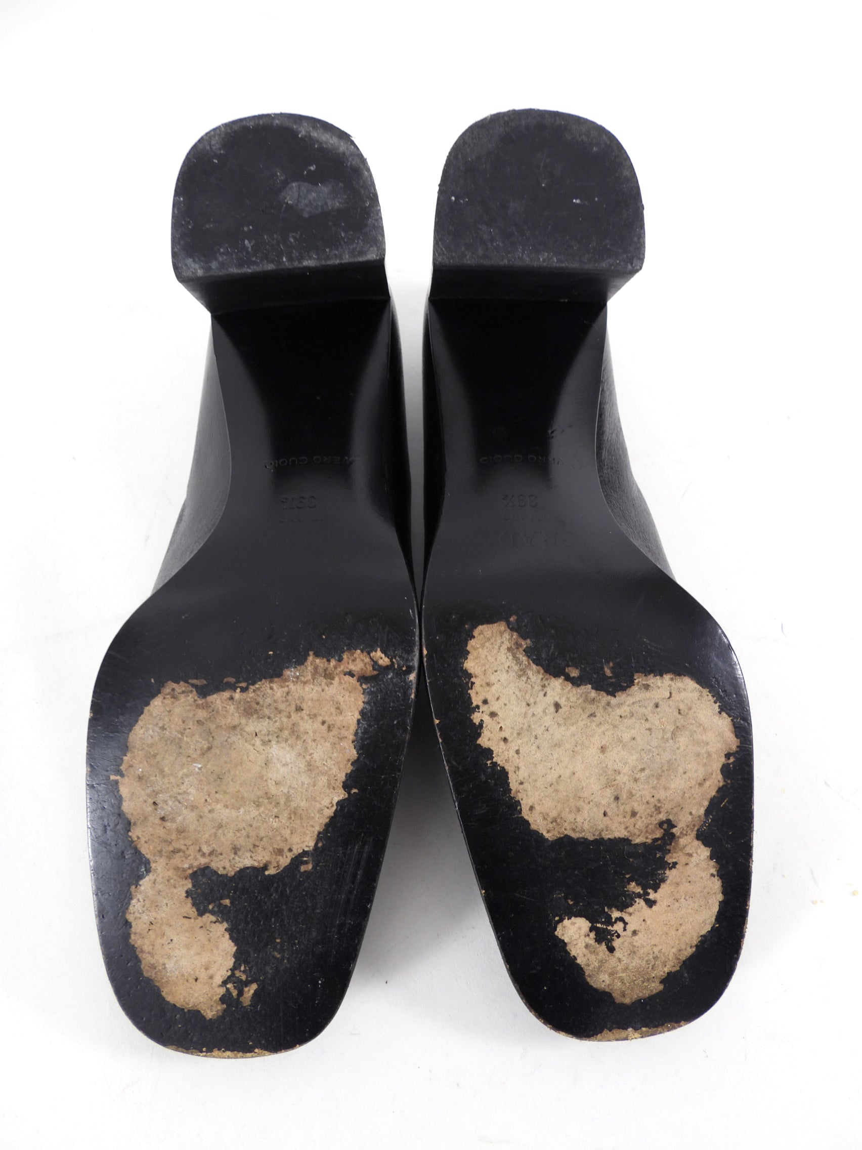 Prada Black Glossed Leather Block Heel Loafers - 39.5