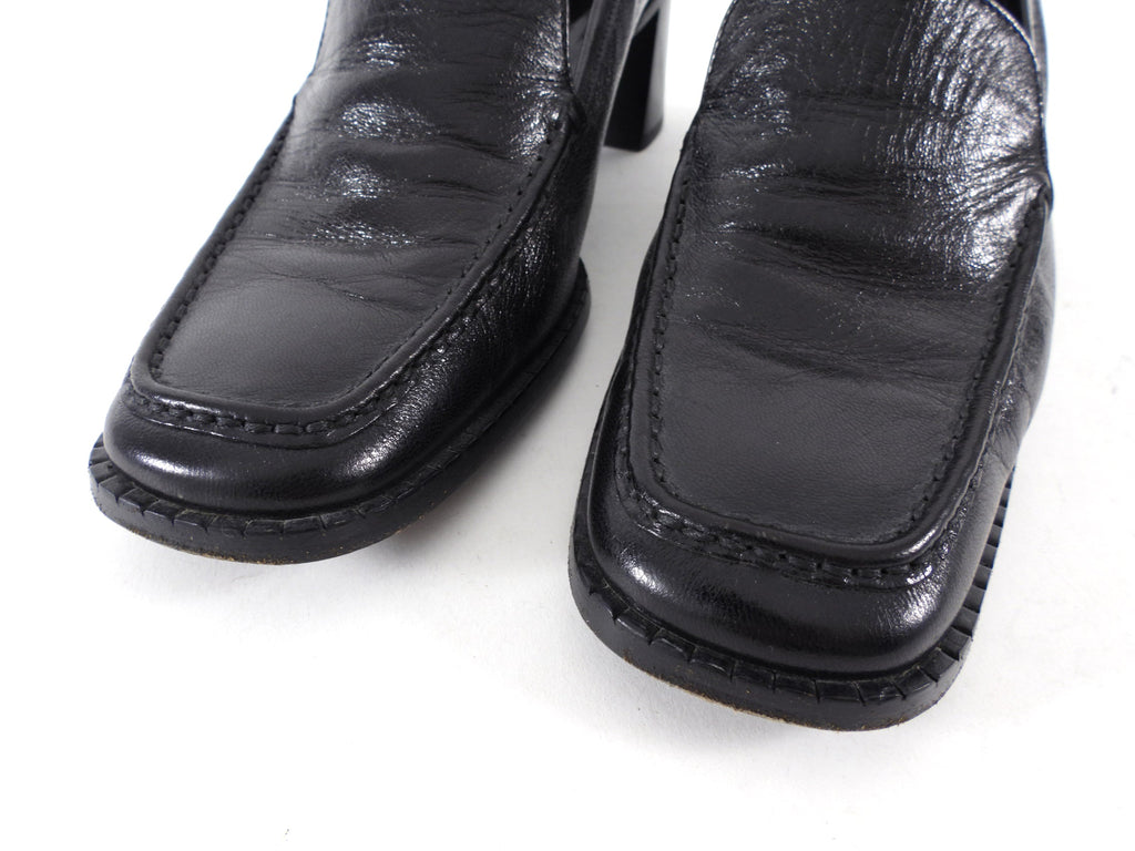 Prada Black Glossed Leather Block Heel Loafers - 39.5