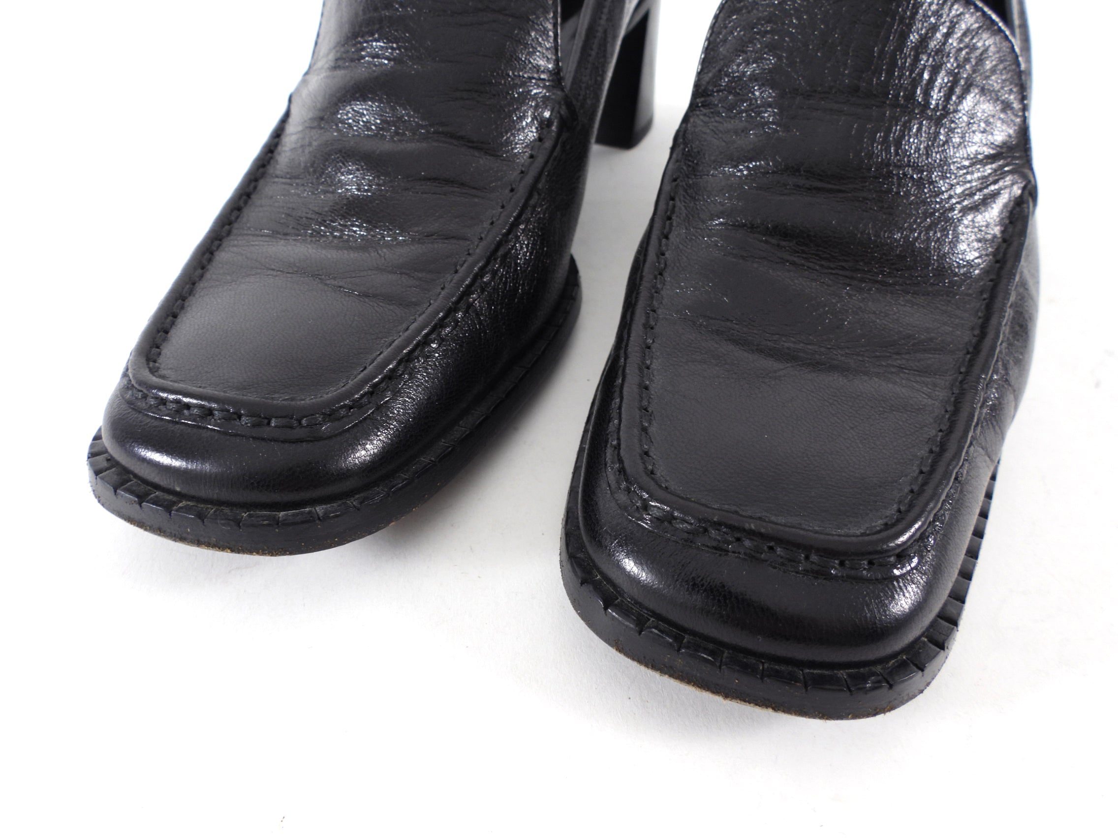 Prada Black Glossed Leather Block Heel Loafers - 39.5