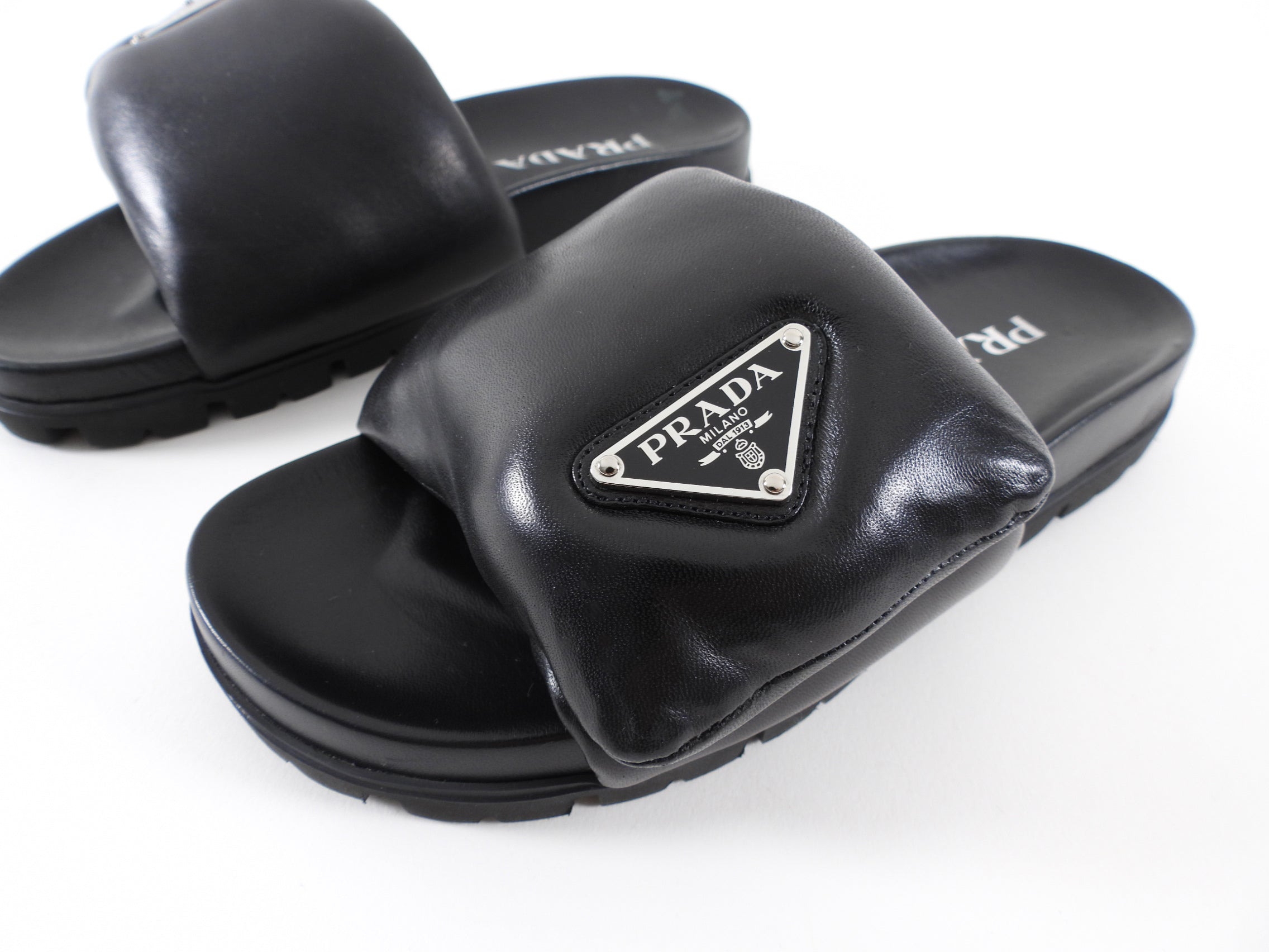 Prada Black Lambskin Leather Padded Slide Sandals - 36