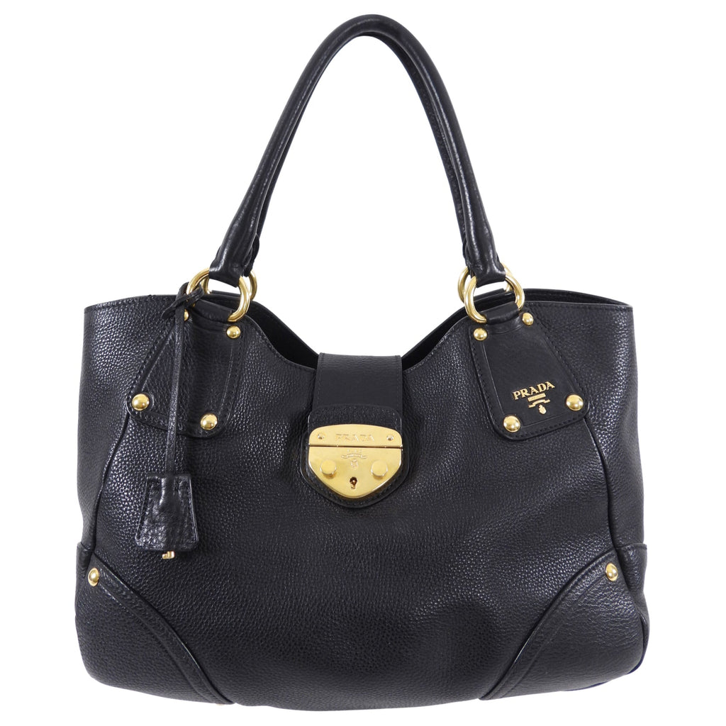 Prada Black Vitello Daino Leather Push Lock Large Antic Hobo Bag