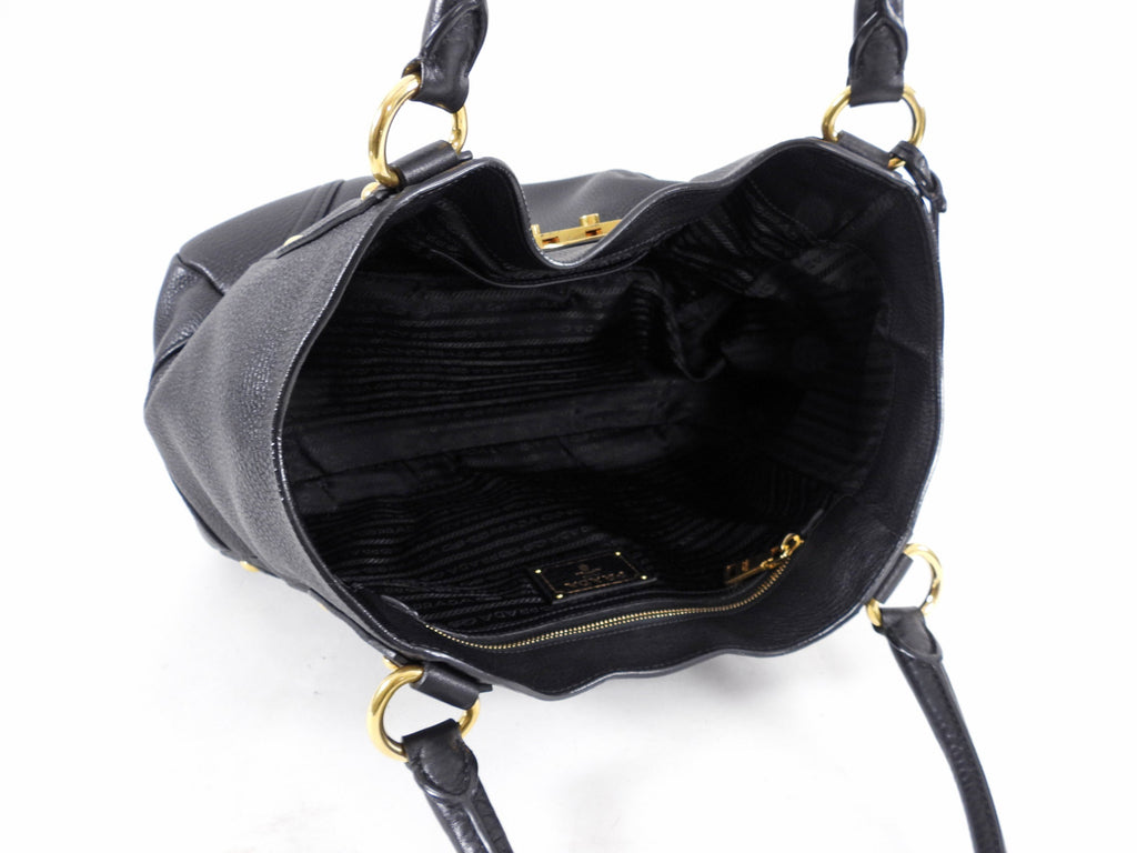 Prada Black Vitello Daino Leather Push Lock Large Antic Hobo Bag
