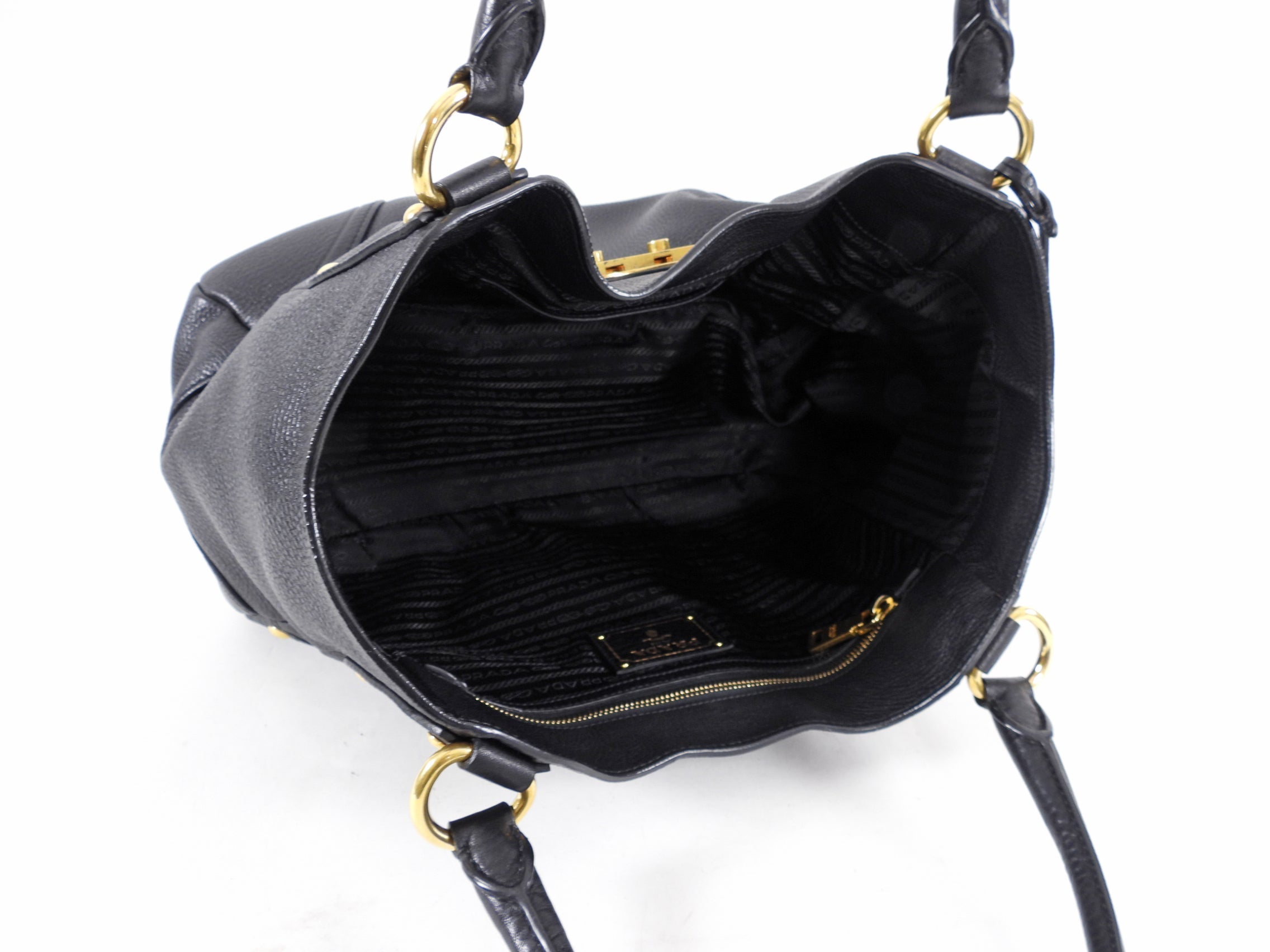 Prada Black Vitello Daino Leather Push Lock Large Antic Hobo Bag
