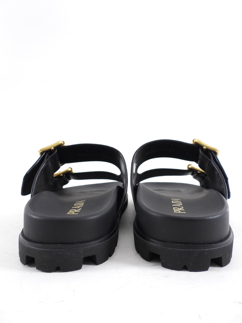 Prada Double Buckle Black Leather Flat Slide Sandals - 36.5 (fits like 37)