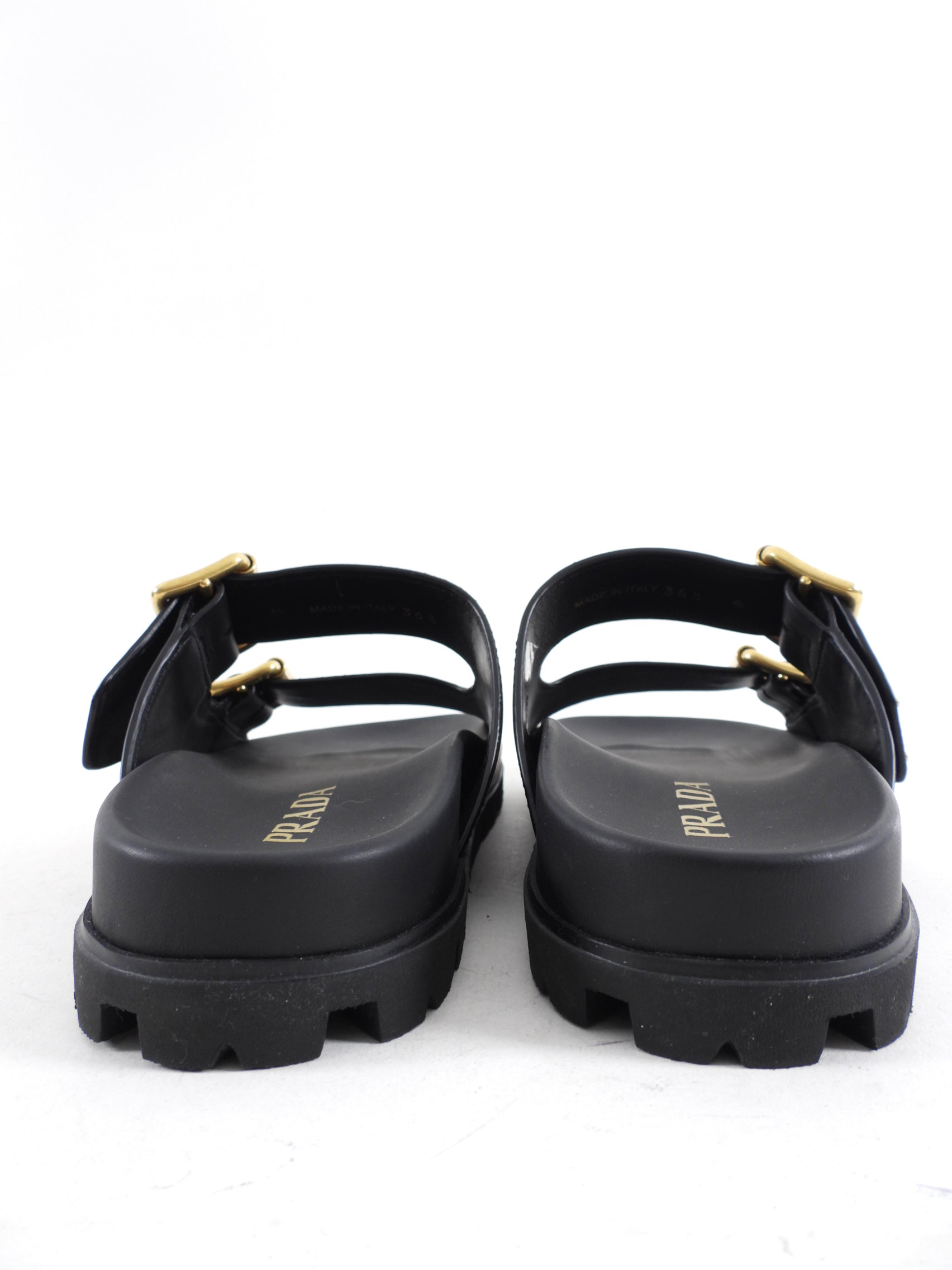 Prada Double Buckle Black Leather Flat Slide Sandals - 36.5 (fits like 37)