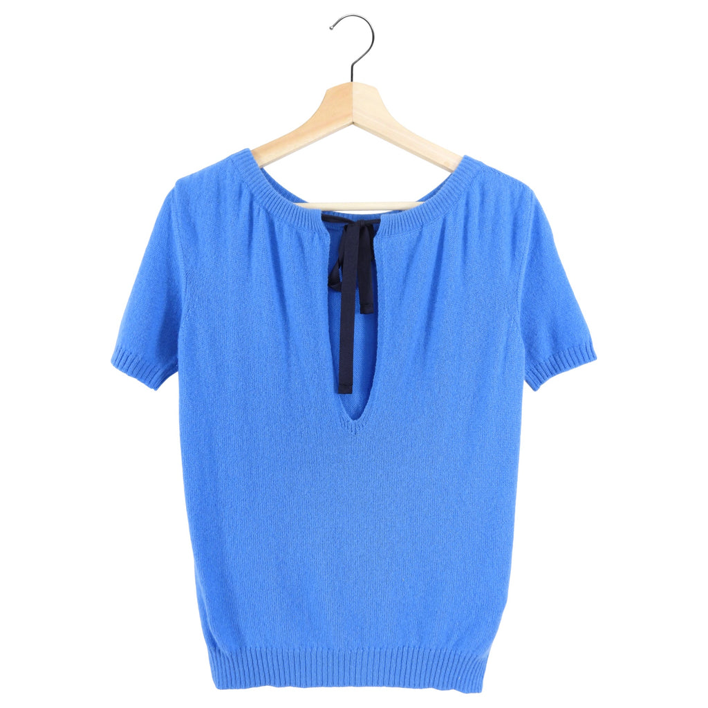 Prada Blue Cashmere Short Sleeve Sweater with Neck Tie - IT42 / USA 6