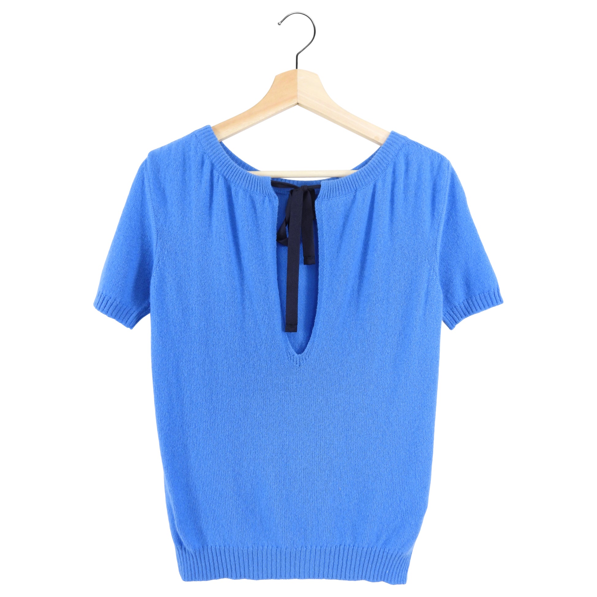 Prada Blue Cashmere Short Sleeve Sweater with Neck Tie - IT42 / USA 6