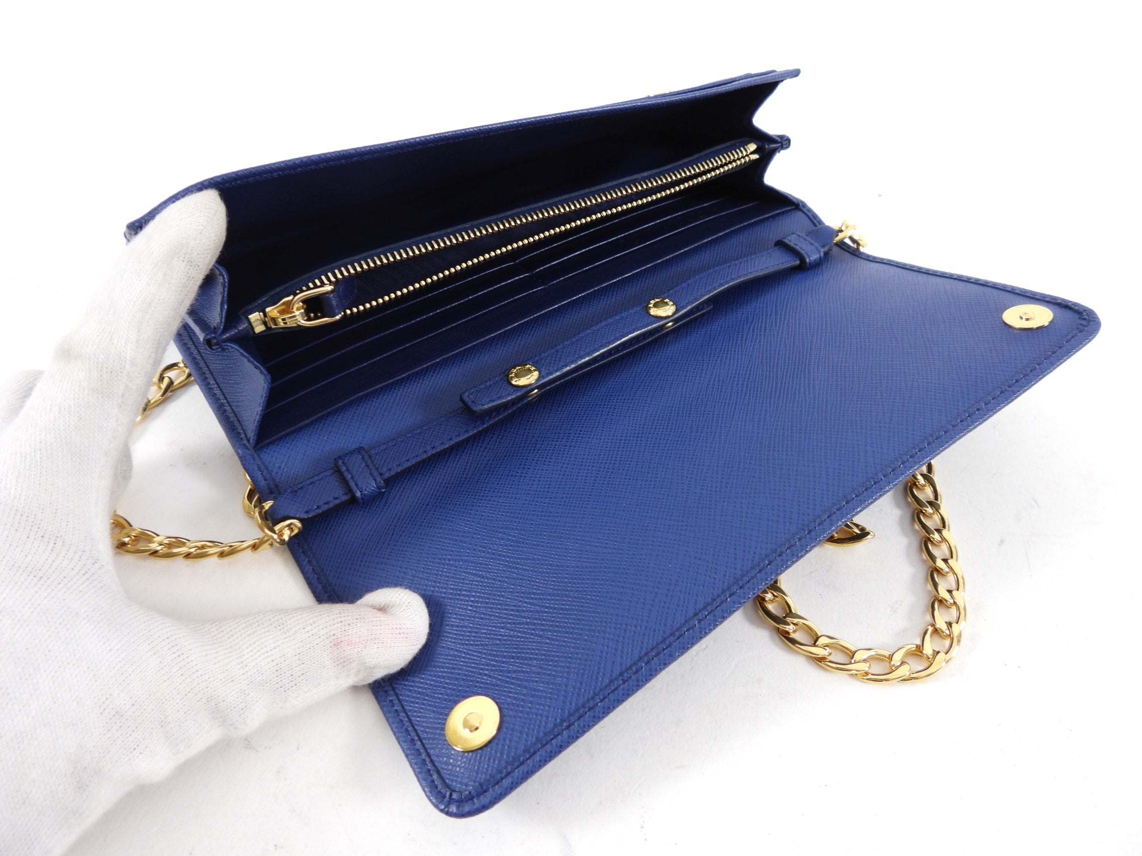 Prada Blue Saffiano Lux and Gold Wallet on Chain