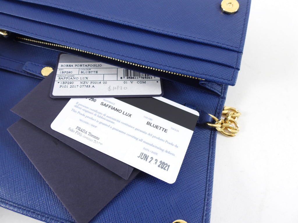 Prada Blue Saffiano Lux and Gold Wallet on Chain