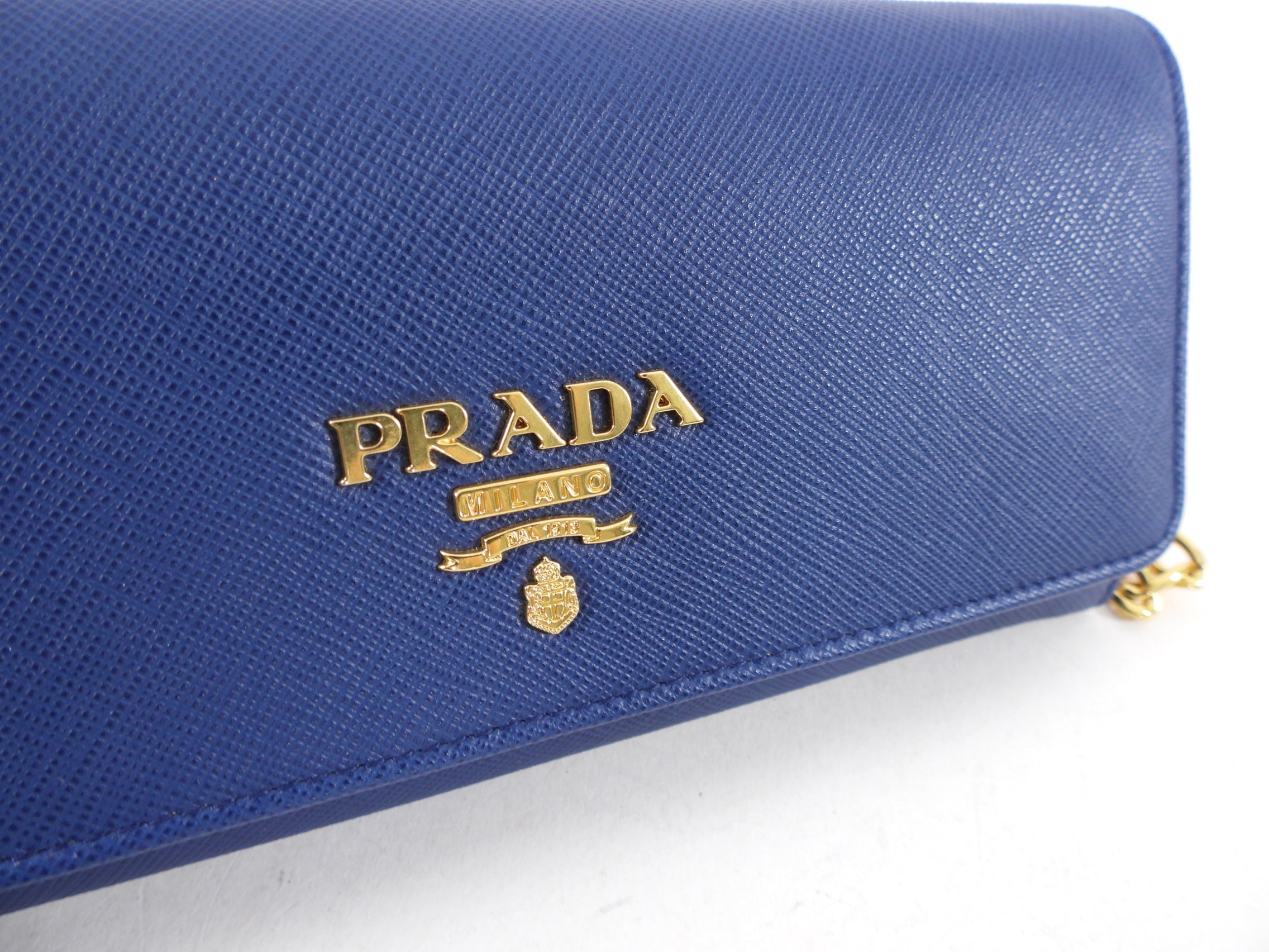 Prada Blue Saffiano Lux and Gold Wallet on Chain