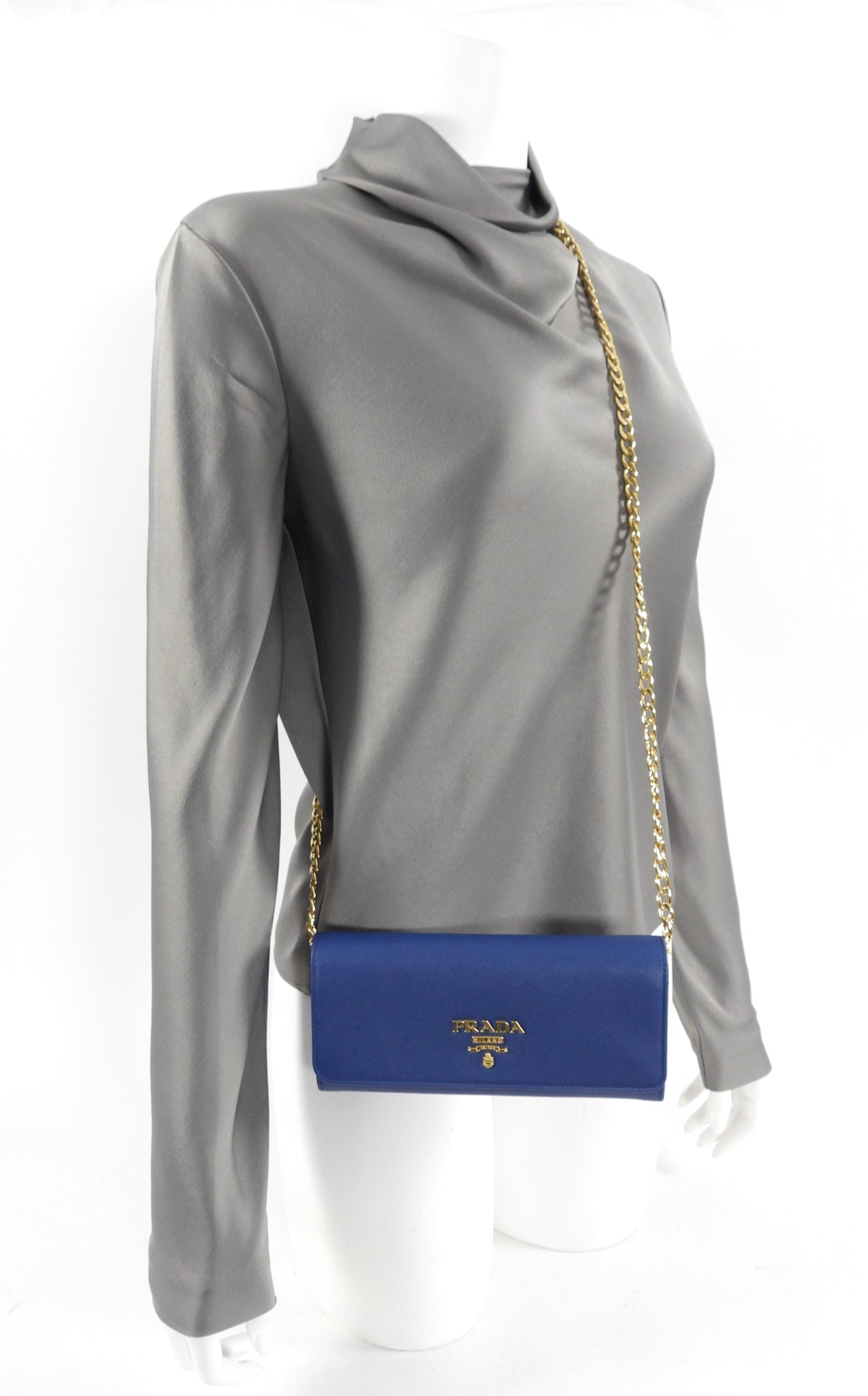 Prada Blue Saffiano Lux and Gold Wallet on Chain