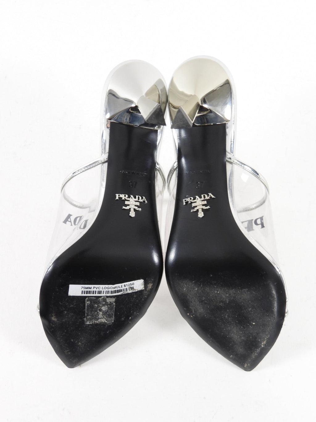 Prada Silver Metallic Patent Leather and PVC Triangle Logo Pointed Mules - 37
