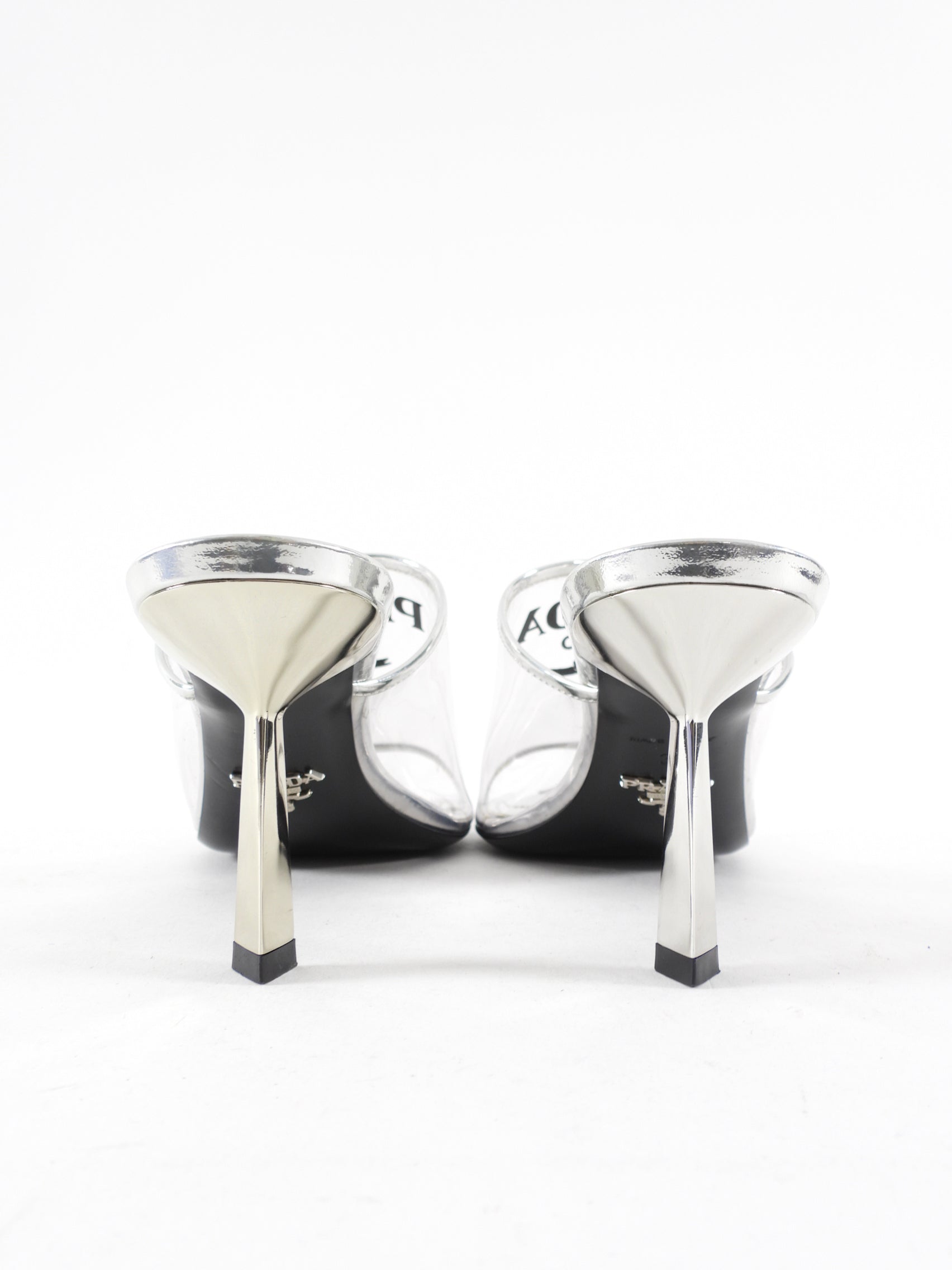 Prada Silver Metallic Patent Leather and PVC Triangle Logo Pointed Mules - 37