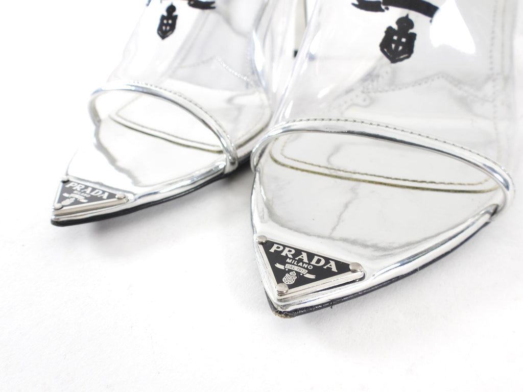 Prada Silver Metallic Patent Leather and PVC Triangle Logo Pointed Mules - 37
