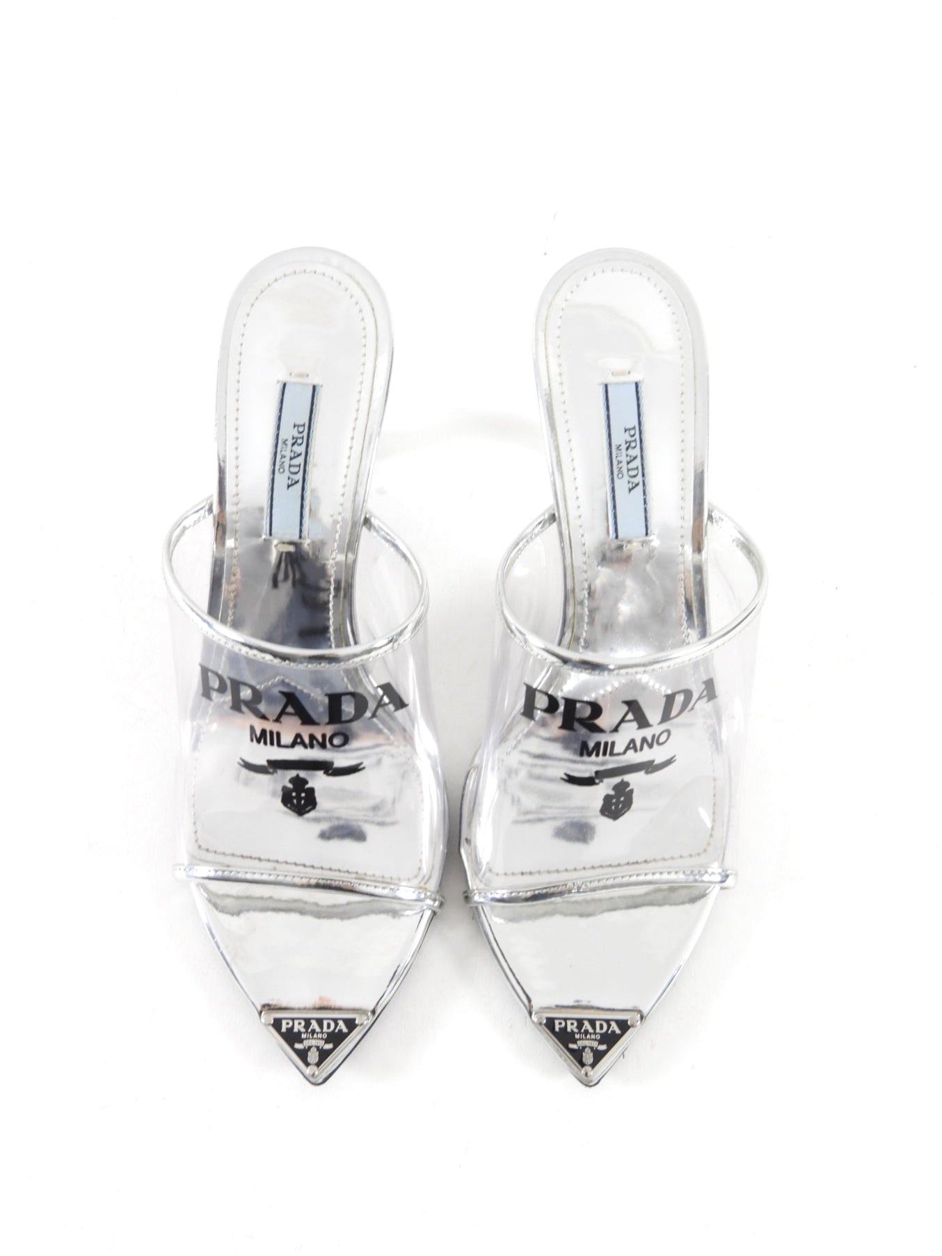Prada Silver Metallic Patent Leather and PVC Triangle Logo Pointed Mules - 37