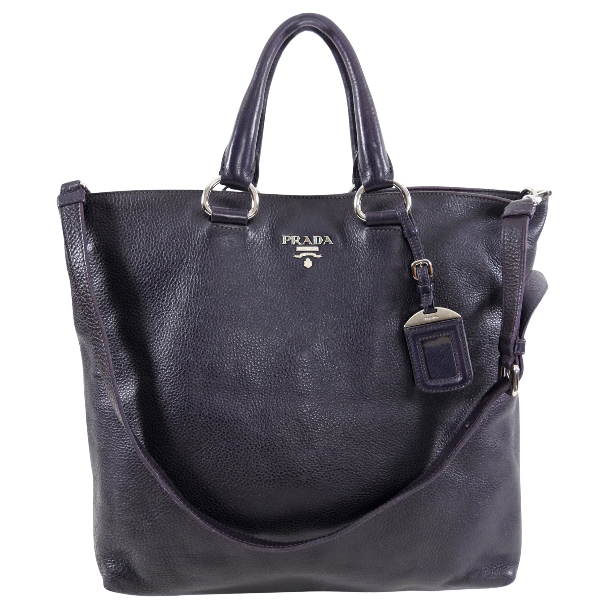 Prada Dark Purple Daino Leather Two-Way Tote Bag