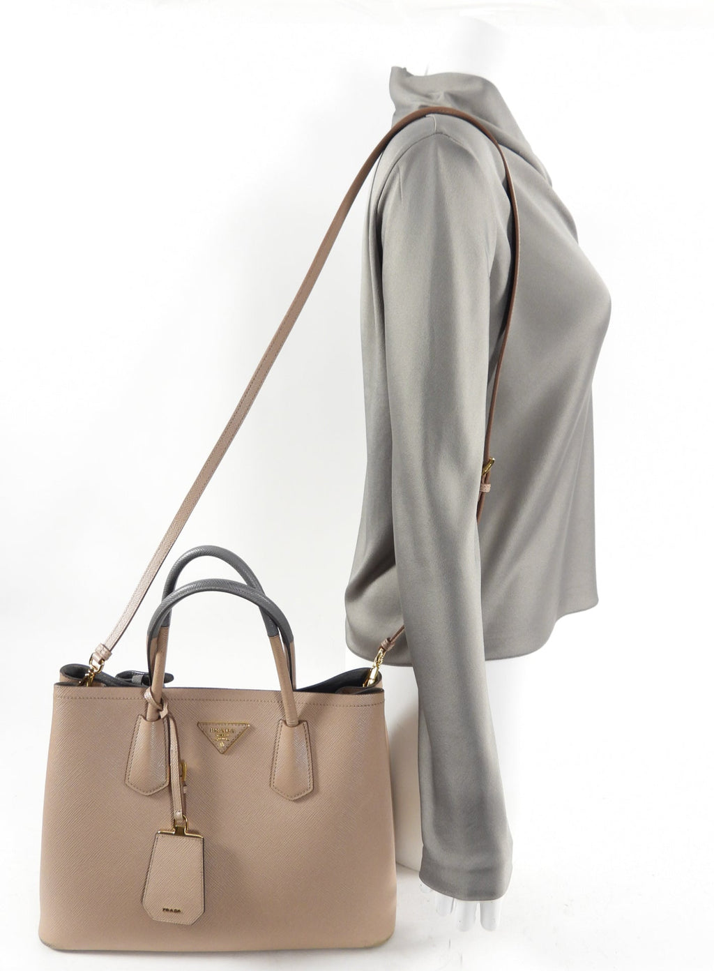 Prada Beige and Grey Bicolor Saffiano Medium Double Tote Bag
