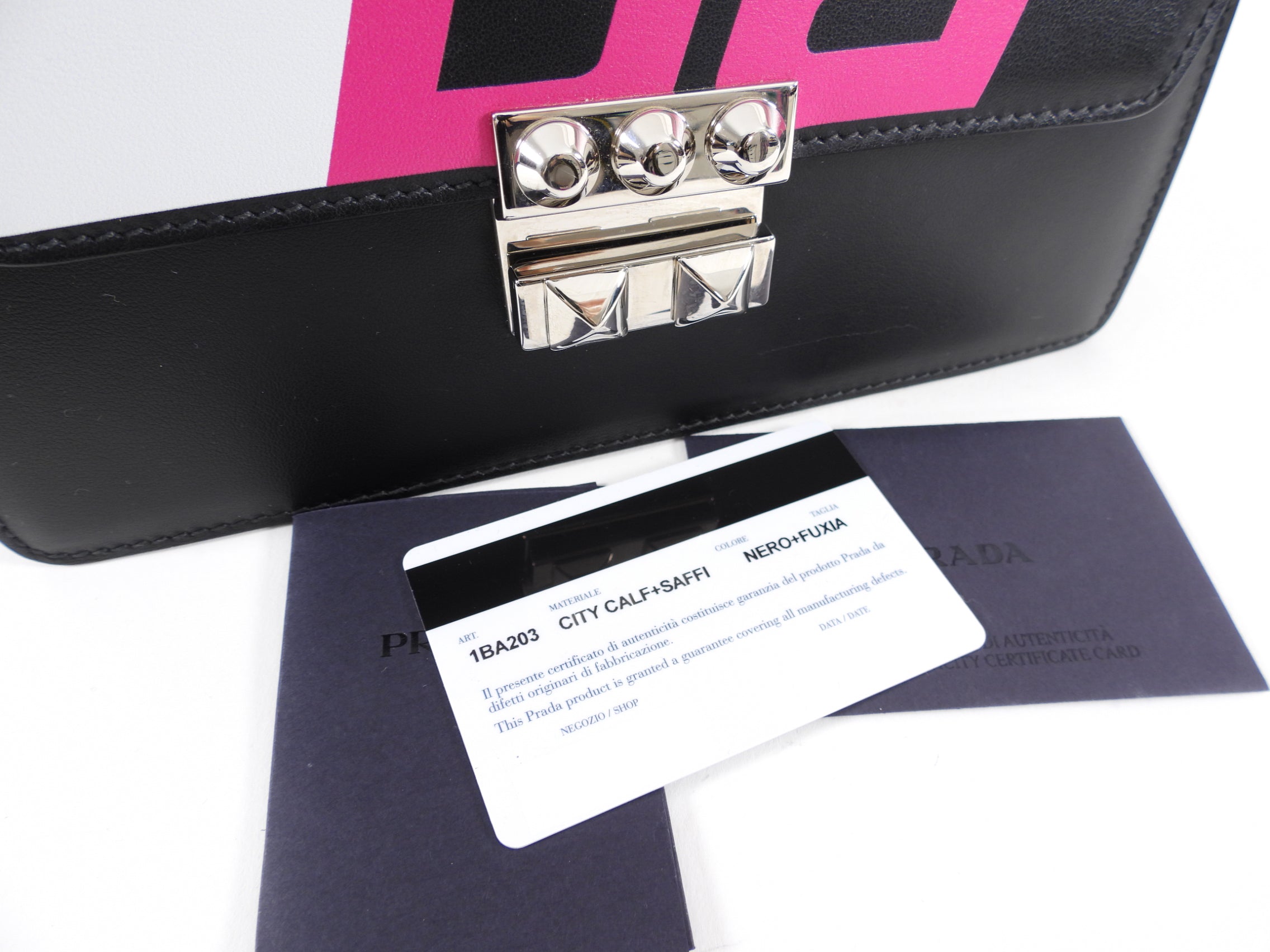 Prada Elektra Black Leather Satchel Bag with Pink Graphic Logo