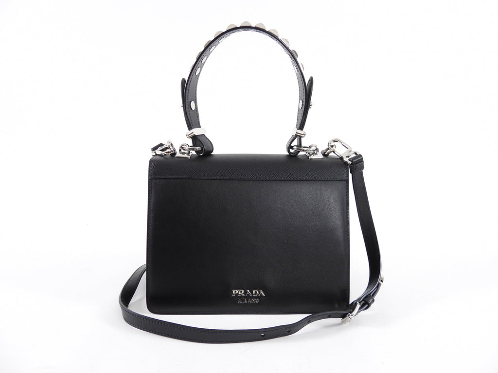 Prada Elektra Black Leather Satchel Bag with Pink Graphic Logo
