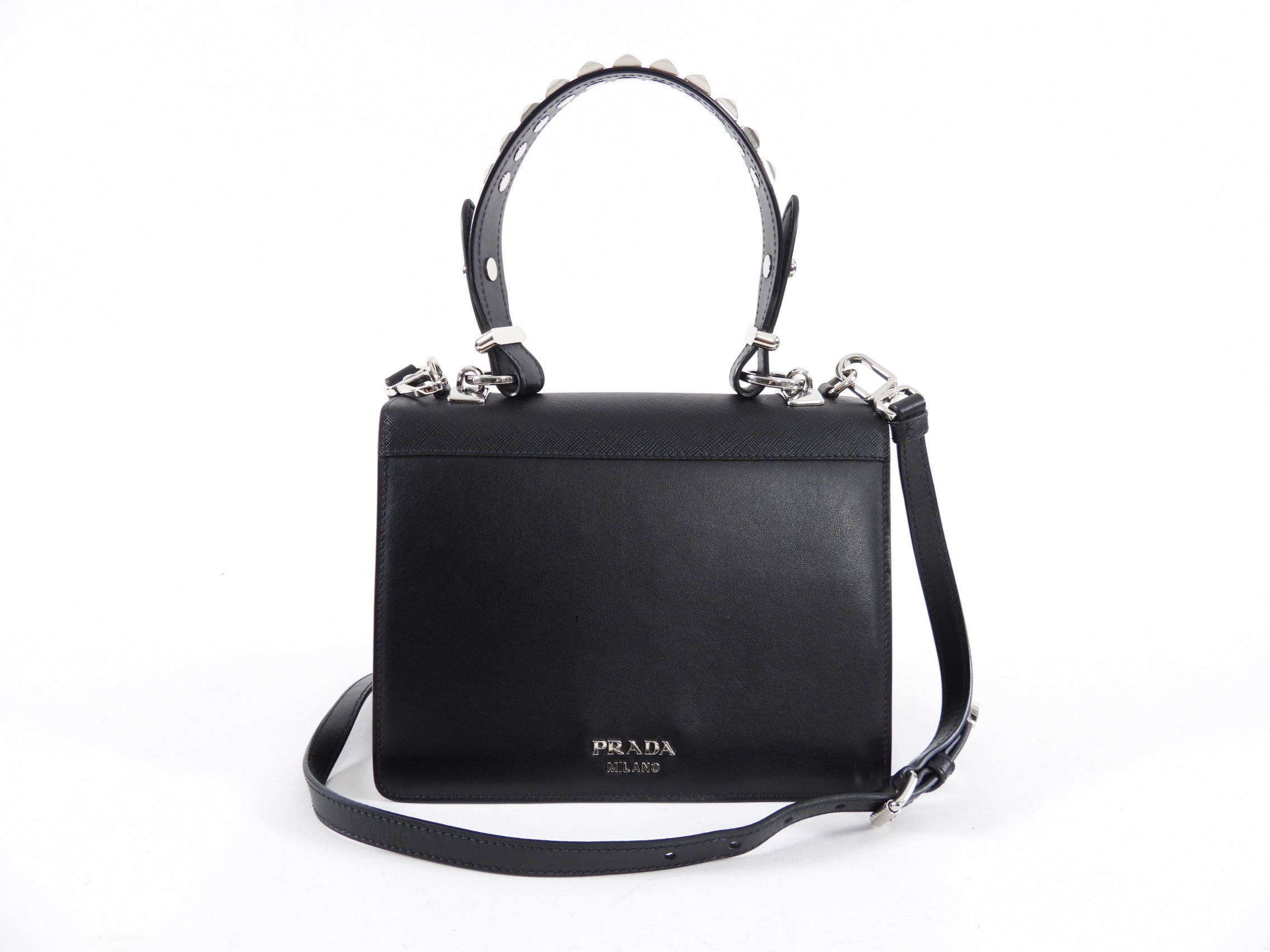 Prada Elektra Black Leather Satchel Bag with Pink Graphic Logo