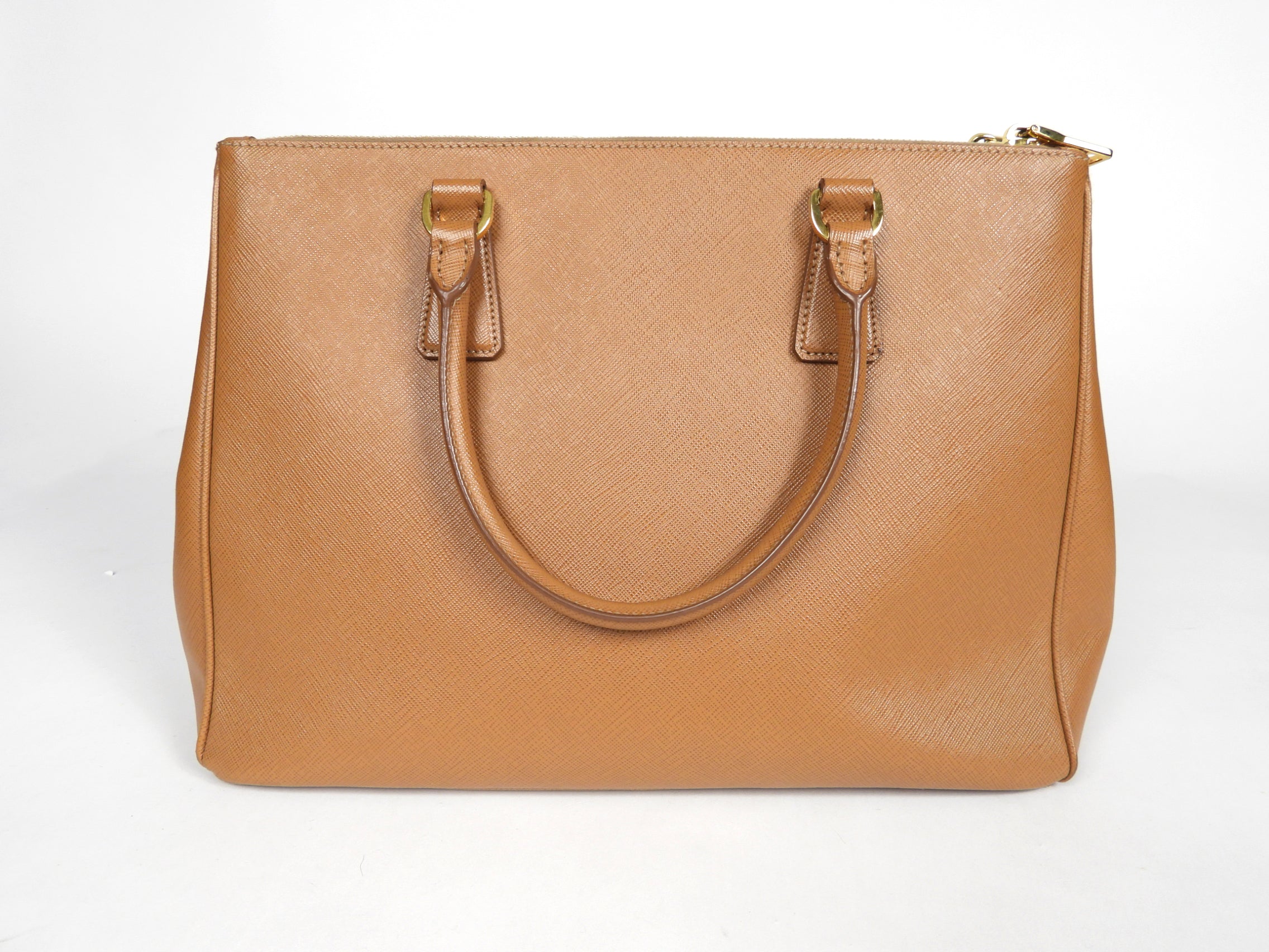 Prada Galleria Double Zip Tote Bag in Caramel Brown Saffiano Leather