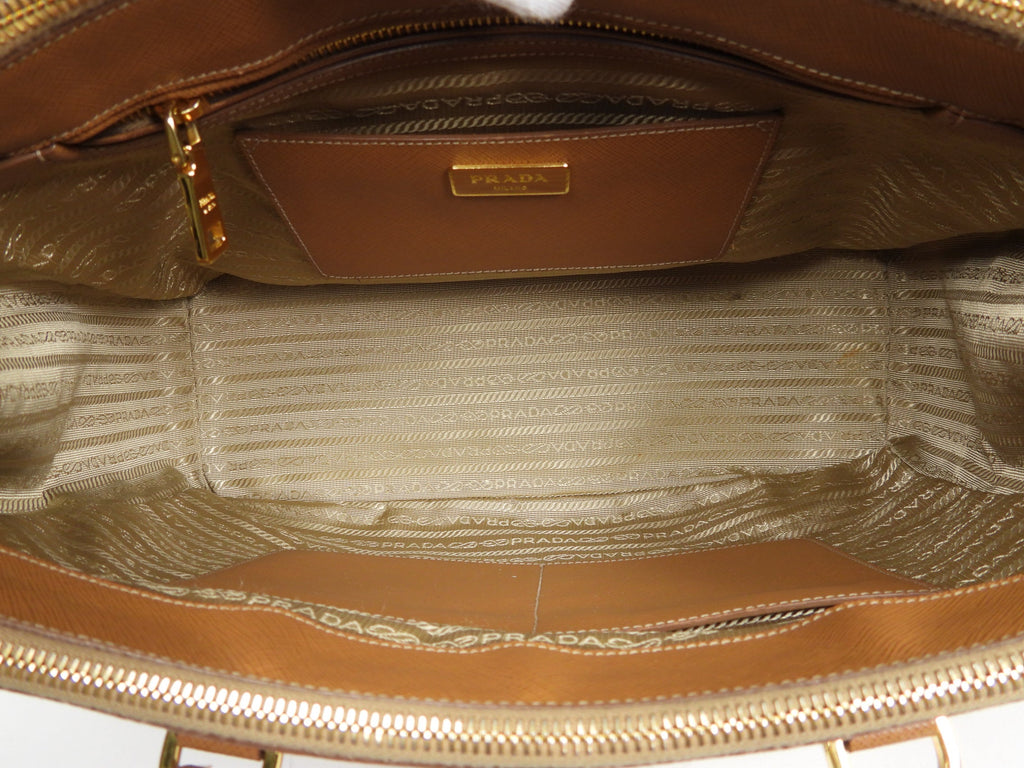 Prada Galleria Double Zip Tote Bag in Caramel Brown Saffiano Leather