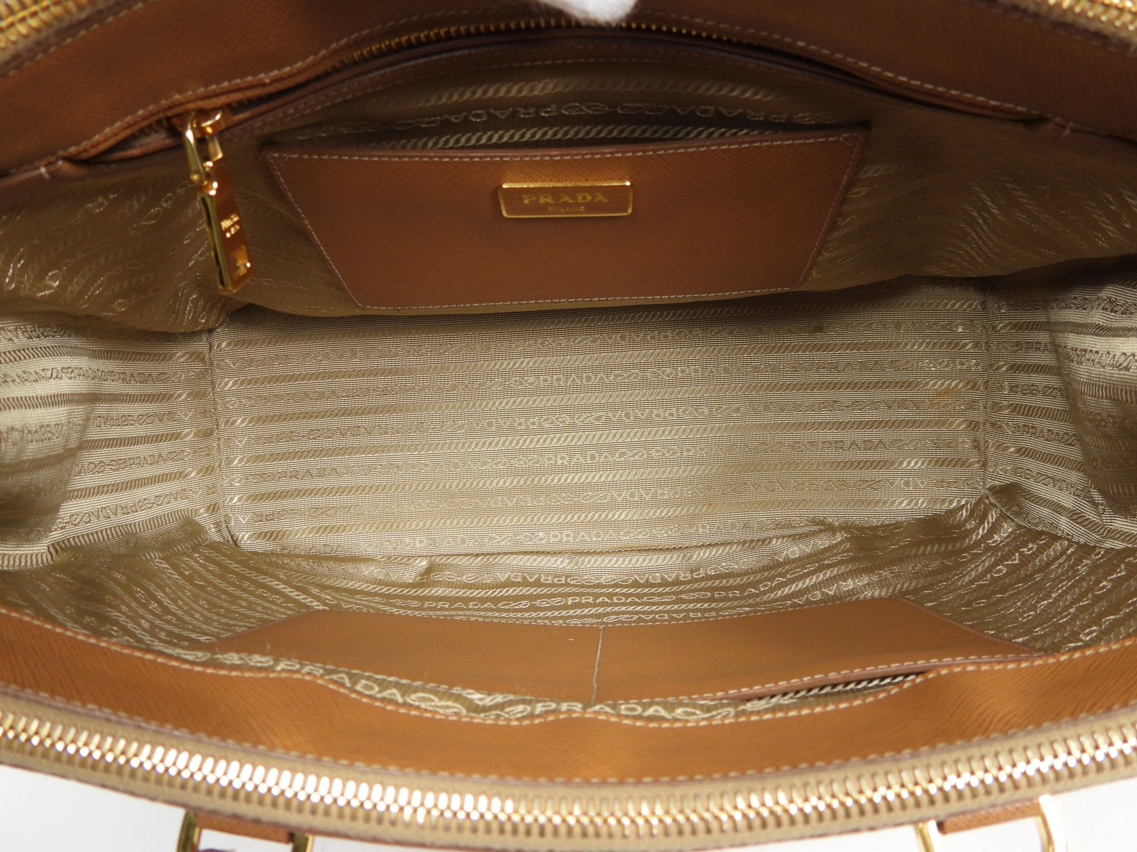 Prada Galleria Double Zip Tote Bag in Caramel Brown Saffiano Leather