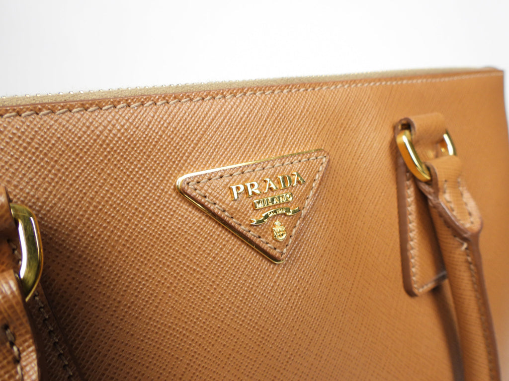 Prada Galleria Double Zip Tote Bag in Caramel Brown Saffiano Leather