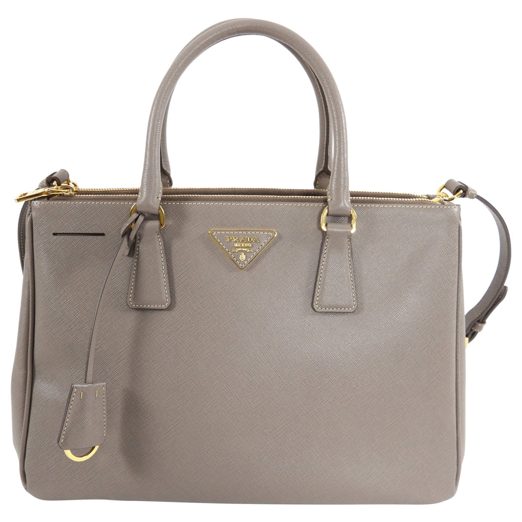 Prada Grey Taupe Argilla Saffiano Lux Galleria Double Tote Bag