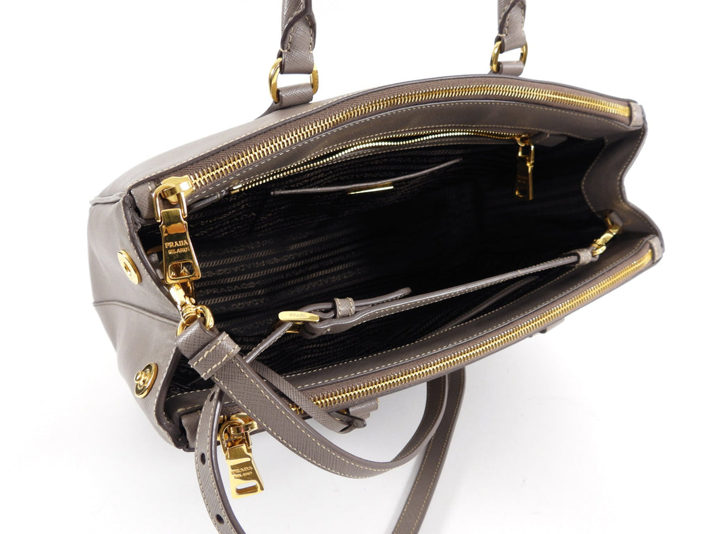Prada Grey Taupe Argilla Saffiano Lux Galleria Double Tote Bag