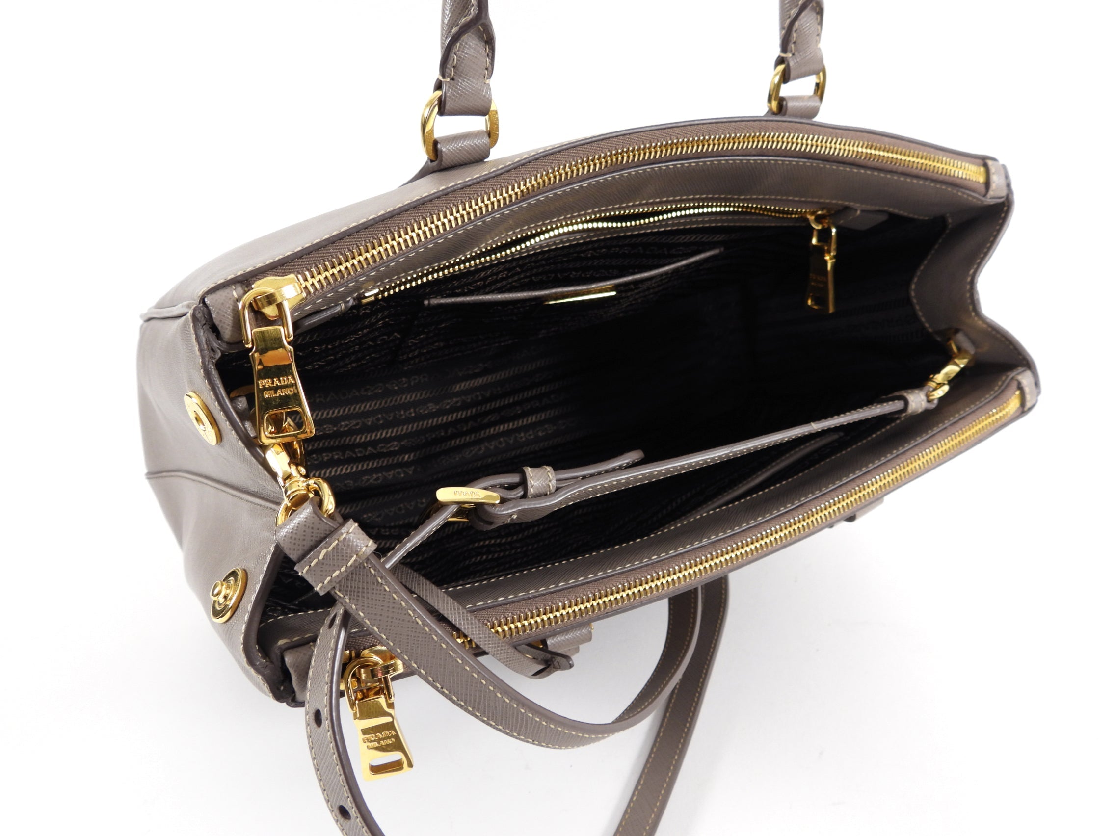 Prada Grey Taupe Argilla Saffiano Lux Galleria Double Tote Bag