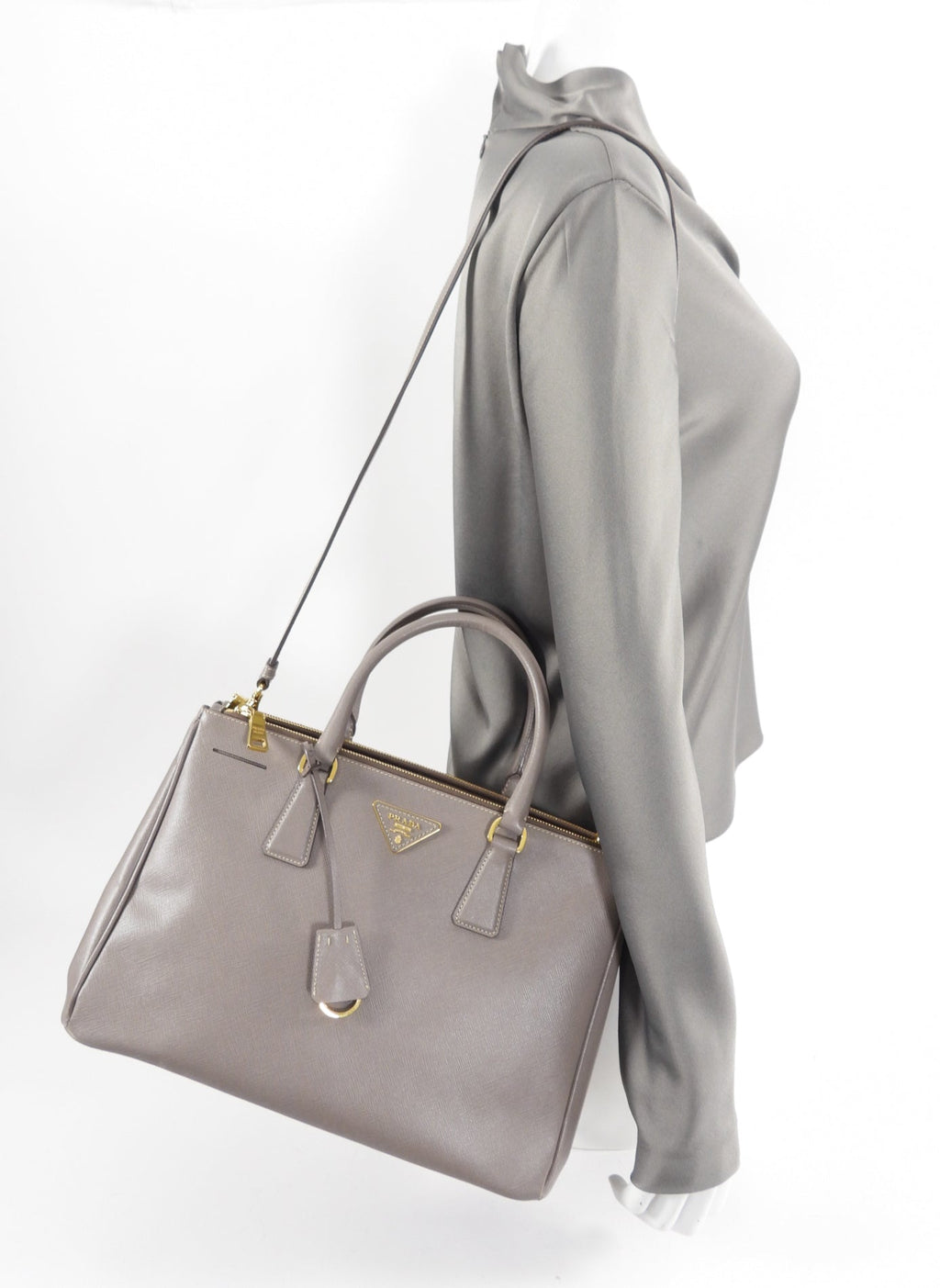 Prada Grey Taupe Argilla Saffiano Lux Galleria Double Tote Bag