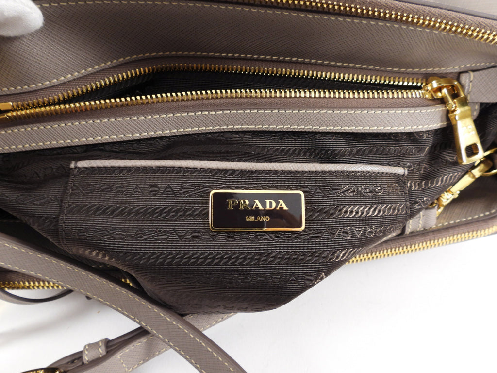 Prada Grey Taupe Argilla Saffiano Lux Galleria Double Tote Bag