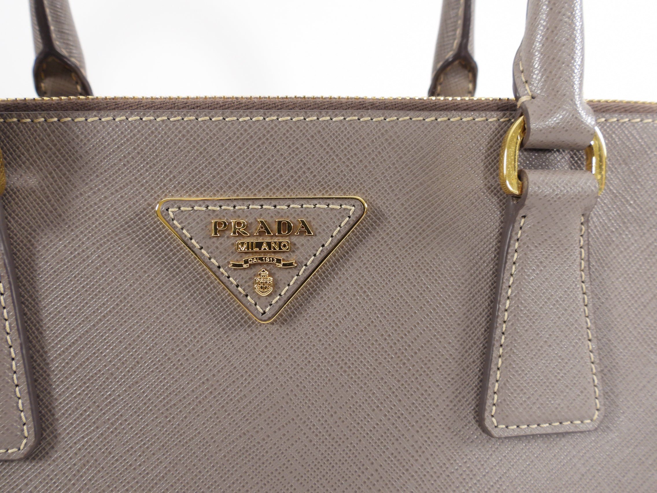 Prada Grey Taupe Argilla Saffiano Lux Galleria Double Tote Bag