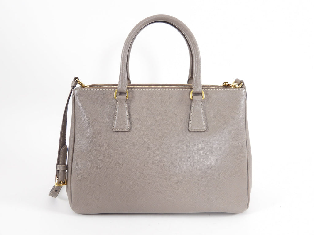 Prada Grey Taupe Argilla Saffiano Lux Galleria Double Tote Bag