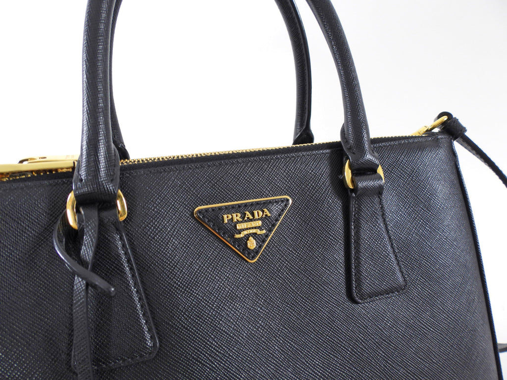 Prada Small Black Saffiano Leather Double Zip Galleria Tote Bag