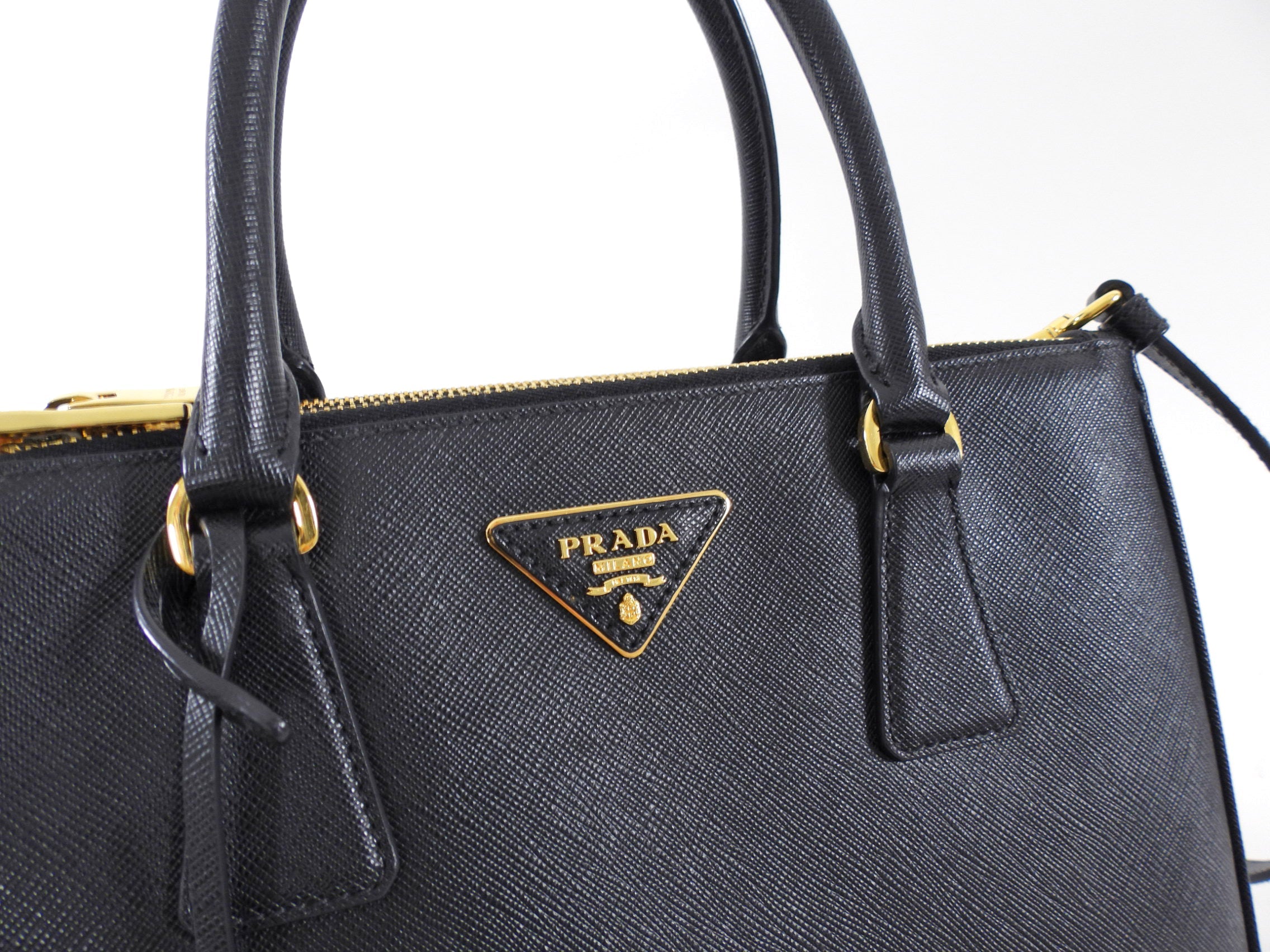 Prada Small Black Saffiano Leather Double Zip Galleria Tote Bag