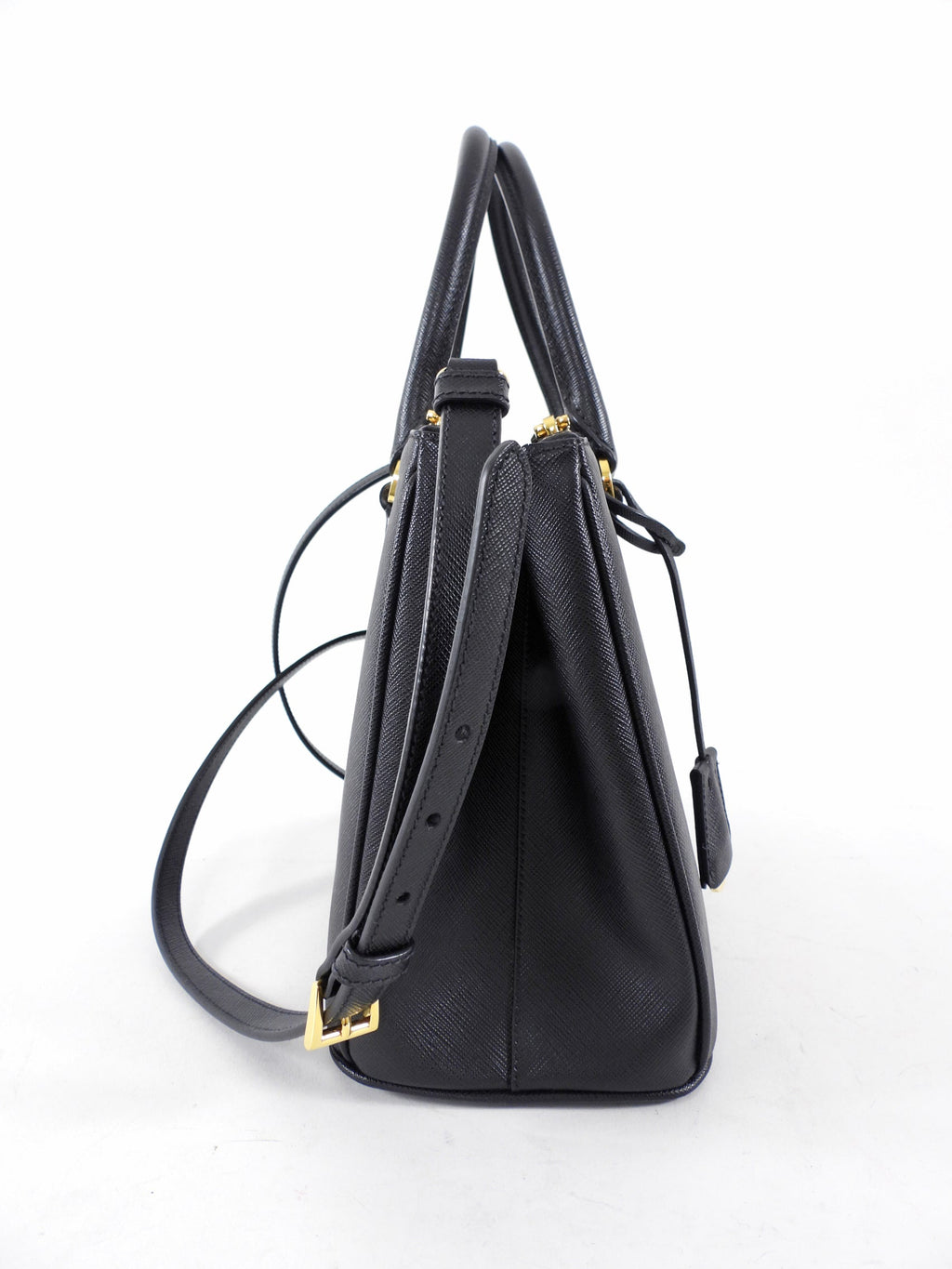 Prada Small Black Saffiano Leather Double Zip Galleria Tote Bag