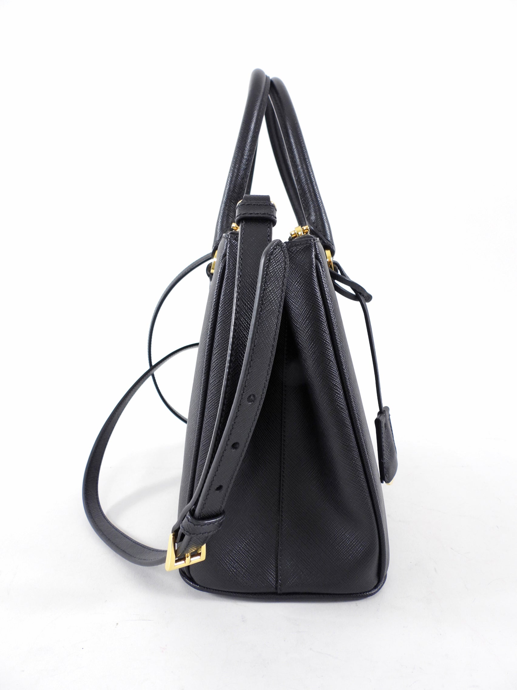 Prada Small Black Saffiano Leather Double Zip Galleria Tote Bag