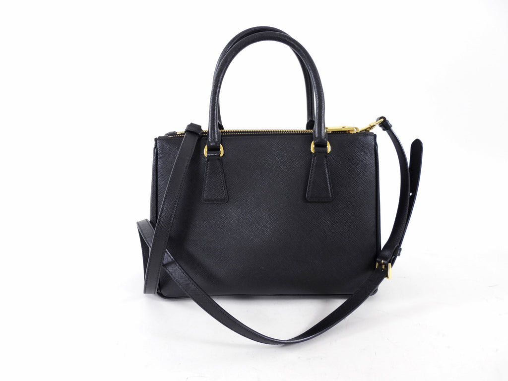 Prada Small Black Saffiano Leather Double Zip Galleria Tote Bag